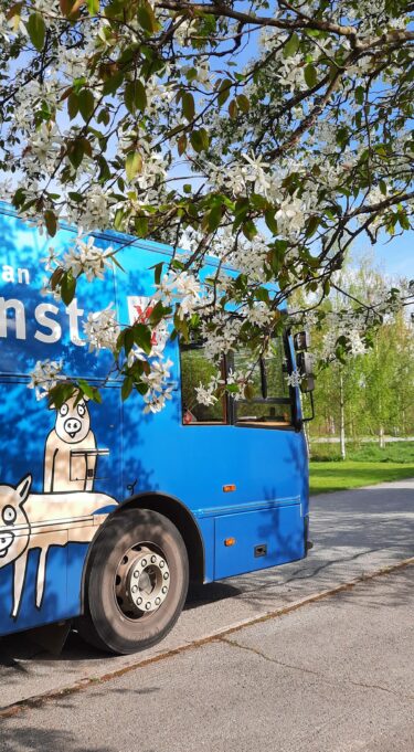 Kirjastoauto Kotikujen Konsta kukkivien omenapuun oksien takana.