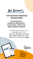 Tabletti ja puhelin. Lisäksi kuvassa on teksti: "Tule oppimaan digitaitoja Nettiklinikalle! Vertaisopastusta Kangasalan pääkirjastossa tietokoneiden, tablettien ja älykännyköiden käytössä. Opastukset pidetään ryhmätila Supassa kirjaston 2. kerroksessa klo 10-12 keskiviikkoisin 4.9., 11.9., 18.9., 25.9., 2.10., 9.10., 16.10., 23.10., 30.10., 6.11., 13.11., 20.11., 27.11., 4.12. ja 11.12.2024."